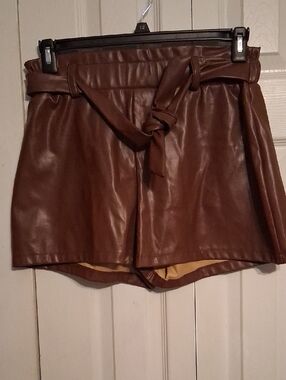 Brown Faux Leather Tie-Waist Women's Shorts. By Jolie & Joy